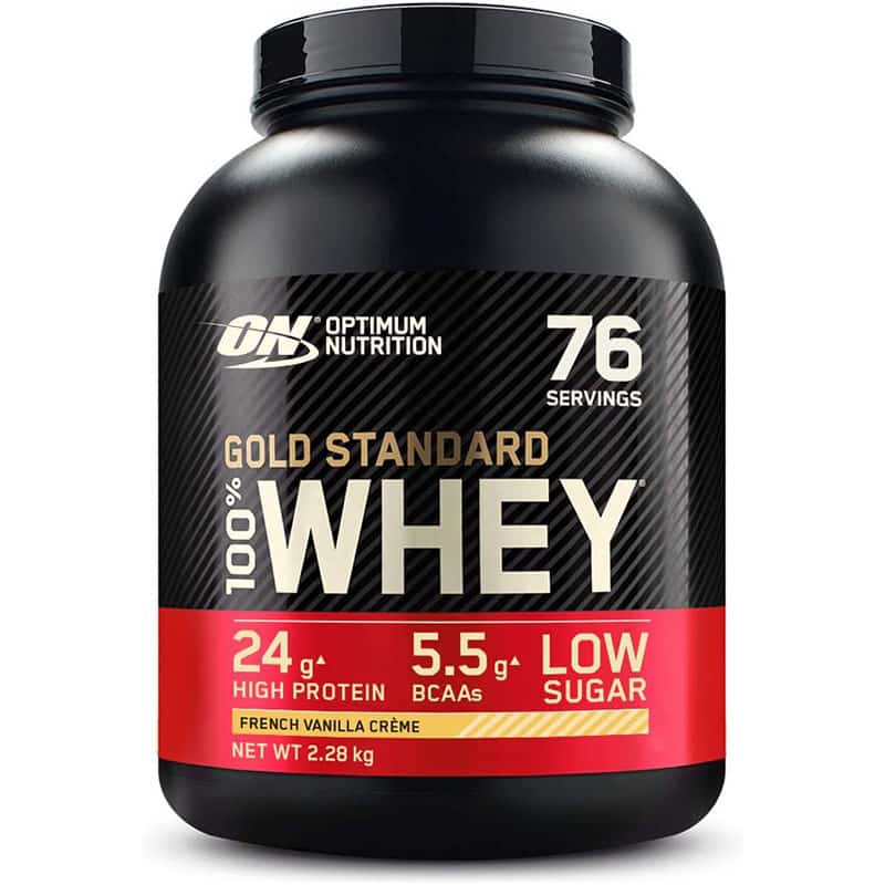76 whey Optimum Nutrition ON Gold Standard Whey Protein Pulver, Eiweisspulver zum Muskelaufbau, natürlich enthaltene BCAA und Glutamin, French Vanilla Crème, 76 Portionen, 2.28kg, Verpackung kann Variieren – Bild 1