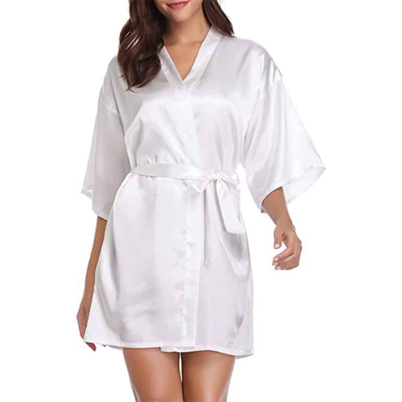 Kimono10 Vlazom Kimono Robe Damen Morgenmantel Kurzer Satin Bademantel Mit Gürtel V-Ausschnitt Kimono – Bild 1