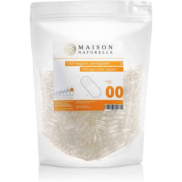 MAISON NATURELLE® | Vegane Leerkapseln Gr. 00 (1000 Stück) – leere Kapseln zum Befüllen transparent, aus HPMC Kieferfaser hergestellt - Leere Kapsel für den Kapselfüller, Kapselhüllen