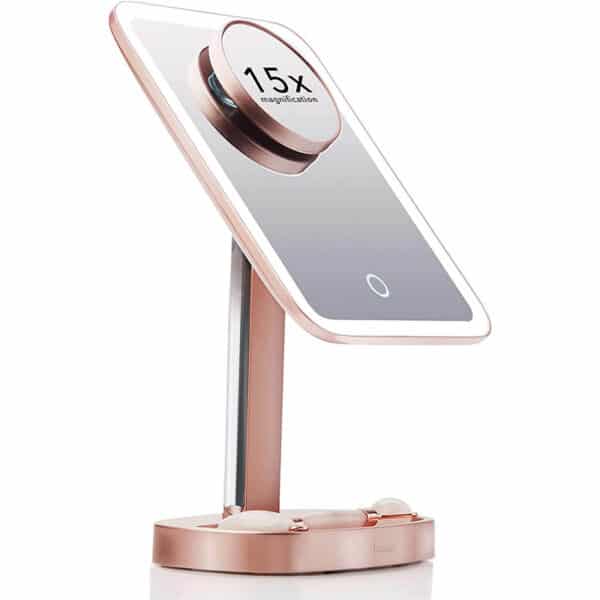 Fancii Schminkspiegel mit dimmbarem LED Licht, 3 Lichtfarben und 15x Vergrösserungsspiegel, Beleuchteter Kosmetikspiegel Make-up Spiegel mit Beleuchtung