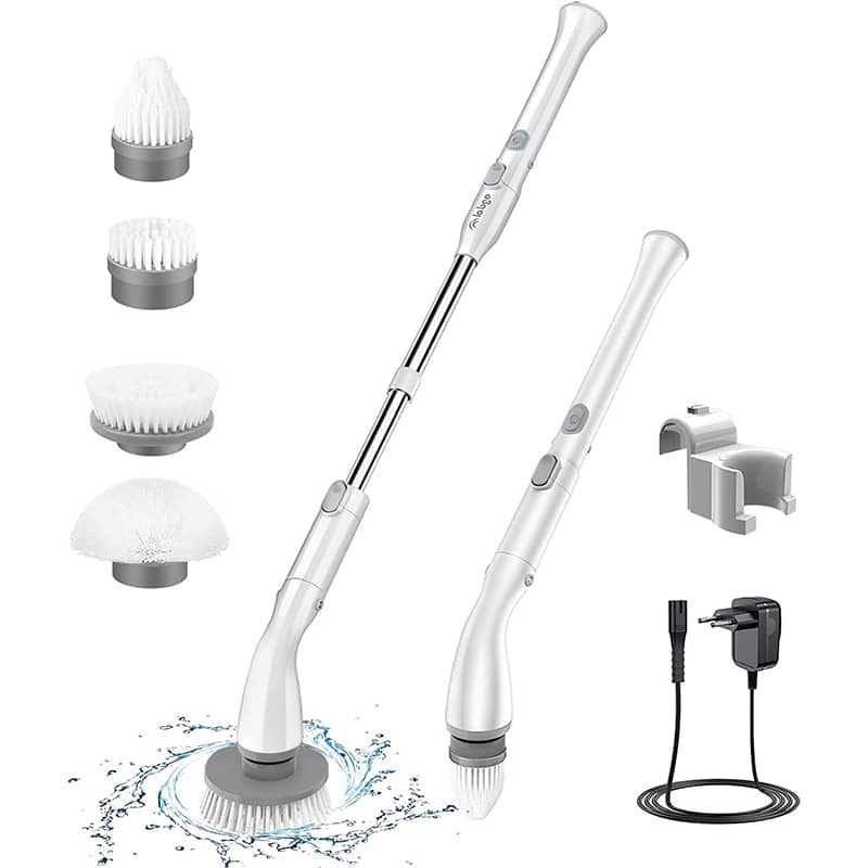 weiss LABIGO Elektrische Reinigungsbürste, Schnurlos Spin Scrubber mit 4 Austauschbare Bürstenköpfe und Verstellbaren Teleskopstange, Reinigungsbürste für Badewanne, Badezimmerboden, Ecken – Bild 1