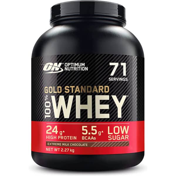 Optimum Nutrition ON Gold Standard Whey Protein Pulver, Eiweisspulver zum Muskelaufbau, natürlich enthaltene BCAA und Glutamin, Extreme Milk Chocolate, 71 Portionen, 2.27kg, Verpackung kann Variieren