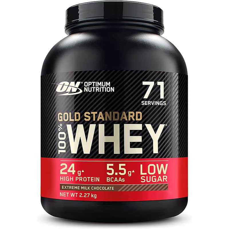 whey Optimum Nutrition ON Gold Standard Whey Protein Pulver, Eiweisspulver zum Muskelaufbau, natürlich enthaltene BCAA und Glutamin, Extreme Milk Chocolate, 71 Portionen, 2.27kg, Verpackung kann Variieren – Bild 1