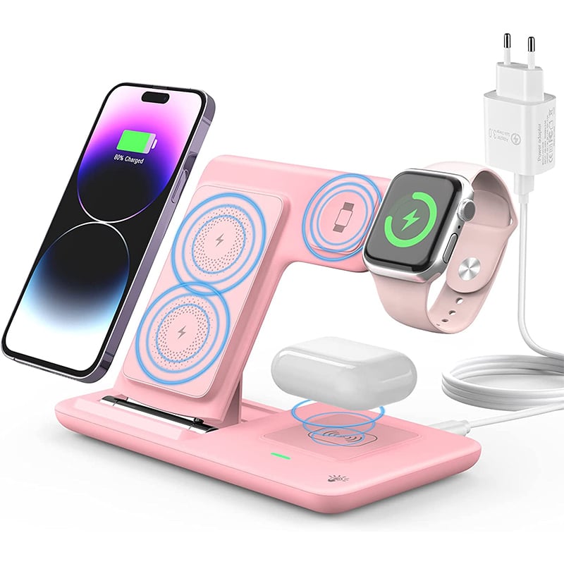 rosa Kabelloses Ladegerät, Ladestation Apple Watch und iPhone, 18w Faltbarer 3 in 1 Wireless Charger, Kompatibel mit iPhone14/13/12/11/Pro/Xs/Xs Max/Xr/X/Se/8/8 Plus/iWatch 7/6/5/4/3/2 Airpods 3/2/Pro – Bild 1