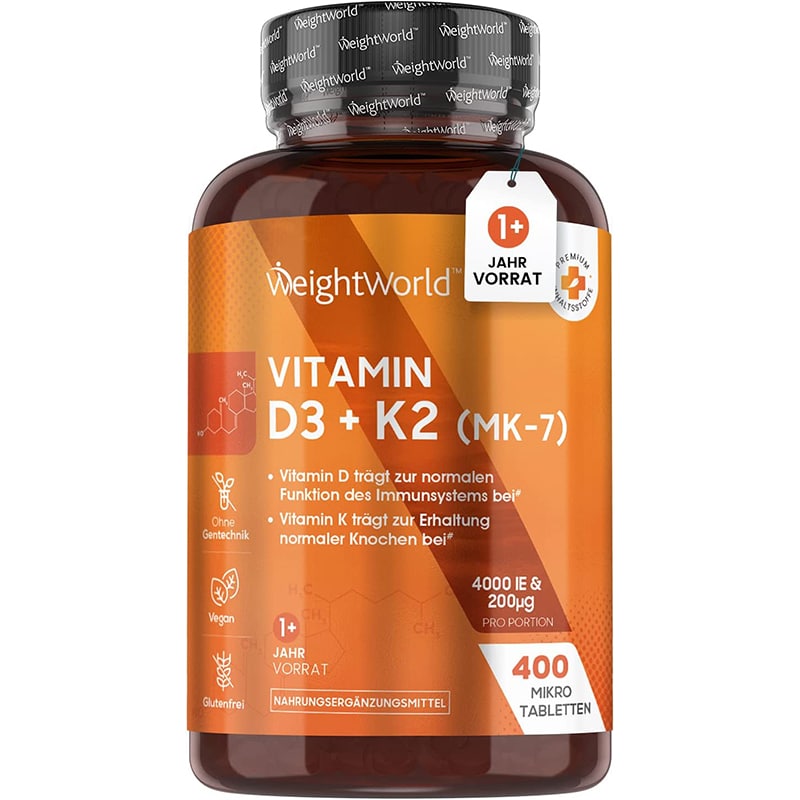 vitamind3k2 Vitamin D3 + K2 Tabletten 4000 I.E. - 1 Jahr Vorrat - 400 Vegane Stück mit 200mcg Vitamin K2 Menachinon - 1 Tablette alle 4 Tage - Veganes Vit D Sonnenvitamin ohne Magnesiumstearat - von WeightWorld – Bild 1