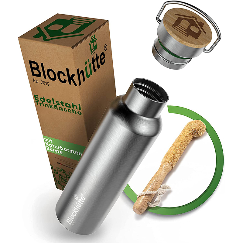 block Blockhütte. Premium Edelstahl Trinkflasche isoliert I mit Naturborsten Bürste I Isolierflasche auslaufsicher I Wasserflasche spülmaschinenfest für Uni, Büro I BPA Frei – Bild 1