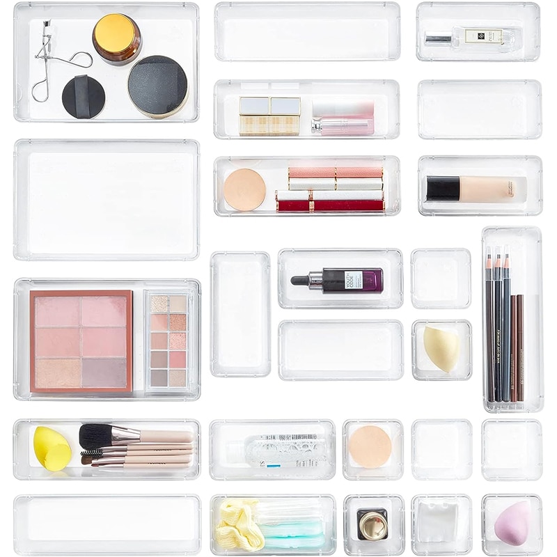 lifewit Lifewit 25 Stücke Schubladen Organizer aus klarem Kunststoff, Schreibtisch Schubladenteiler, Tabletts, Kommode Aufbewahrungsboxen Trennbox für Make-up, Schmuck und Gadgets, Schlafzimmer, Bad, Büro – Bild 1