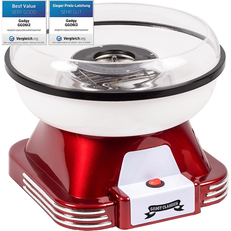 candy Gadgy Zuckerwattemaschine - Retro Cotton Candy Machine - Zuckerwatte Maschine mit Stäbchen und Messlöffel - Höhe 22 cm Rot Weiss - 500 Watt Zuckerwattenmaschiene für zuhause – Bild 1