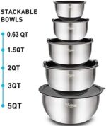 Rührschüsseln 5er-Set, Wildone Edelstahl mit luftdichten Deckeln, 3 Reibenaufsätzen, Messmarken und rutschfesten Böden, Grösse 5, 3, 2, 1,5, 0,63 QT, ideal zum Mischen und Servieren – Bild 7