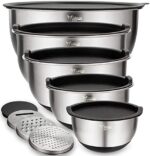 Rührschüsseln 5er-Set, Wildone Edelstahl mit luftdichten Deckeln, 3 Reibenaufsätzen, Messmarken und rutschfesten Böden, Grösse 5, 3, 2, 1,5, 0,63 QT, ideal zum Mischen und Servieren