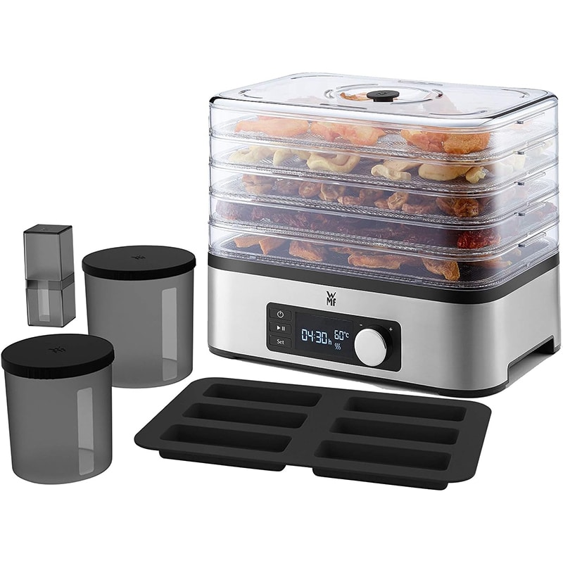 mf WMF Küchenminis Dörrautomat Edelstahl, Dörrgerät mit 5 Einlegefächer, 30-70°C, 24h-Timer, Obsttrockner, Dehydrator, 2 Boxen, Müsliriegelform, bpa-frei – Bild 1