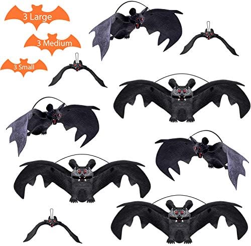 51FmYPlICJL._AC_.jpg Jonami Halloween Deko Set, Halloween Fledermäuse Gummi Realistische Dekor (3 Gross + 3 Mittel + 3 Klein) Fledermaus zu Hängen, Aufhänger Dekoration, Gruselig, Horror – Bild 1