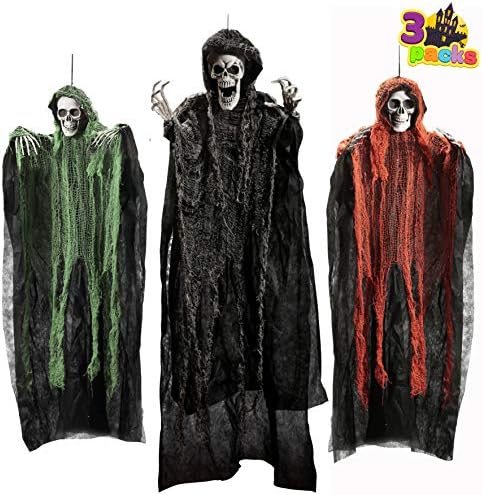 51x-vCyVXpL._AC_.jpg JOYIN 3 Stück Halloween hängende Sensenmänner, 134,6 cm + 80 x 2 cm, hängende Skelett Geister für beste Halloween Innen- und Aussendekorationen, Spukhaus Deko – Bild 1