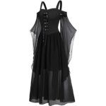 CHARMMA Gothic Halloween Kleid Kostüm Damen,Übergrösse A-Linie Schnüren Maxi Kleider mit Schmetterlingsärmeln für Frauen,Festliches Vintage Schwarz Hexenkleid Cosplay Club Party Kostüme – Bild 2