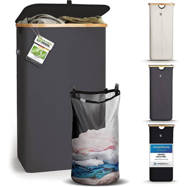 HENNEZ 100L Wäschekorb mit Deckel - herausnehmbaren Wäschesack Wäschesammler schmal - Wäschebox Waschekorbsammler Wäschesortierer - Wäschetruhe, laundry baskets Wäsche Korb
