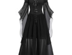 CHARMMA Gothic Halloween Kleid Kostüm Damen,Übergrösse A-Linie Schnüren Maxi Kleider mit Schmetterlingsärmeln für Frauen,Festliches Vintage Schwarz Hexenkleid Cosplay Club Party Kostüme