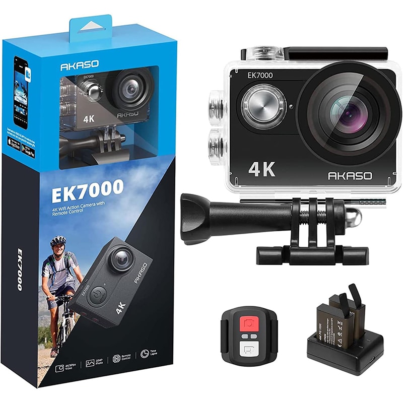 A.Schwarz AKASO Action Cam,4K30FPS 20MP WiFi Unterwasserkamera 170°Ultra Weitwinkel Full HD Action Kamera mit 2 Zoll LCD Bildschirm 2.4G Fernbedienung und 2x1050mAh Akkus-EK7000 Schwarz