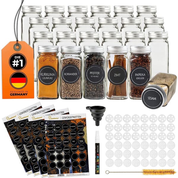 Cuccinara® Gewürzgläser Set mit Gewürzetiketten, Streueinsatz & weissem Kreidestift zum Beschriften der Etiketten I Silikon Trichter + Reinigungsbürste