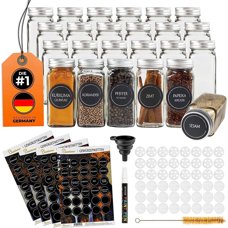Cuccinara Cuccinara® Gewürzgläser Set mit Gewürzetiketten, Streueinsatz & weissem Kreidestift zum Beschriften der Etiketten I Silikon Trichter + Reinigungsbürste