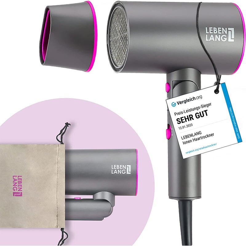 LEBENLANG 1 LEBENLANG Föhn Ionen 2100W - Anti-Spliss mit Kaltluft Modus Grau / Pink