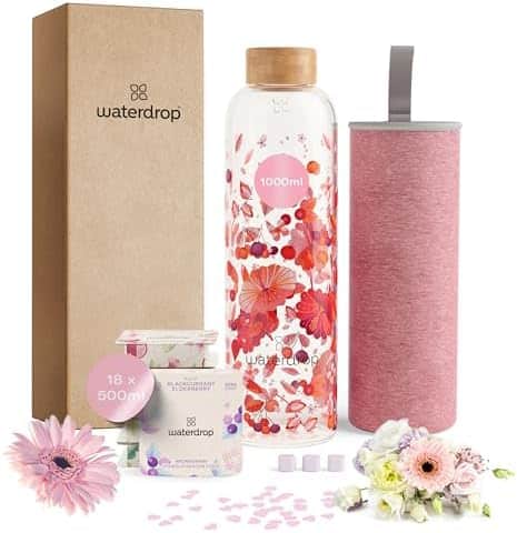 waterdrop® Muttertagsgeschenk – Starter Set mit Glass Bottle + 18 Microdrinks in 6 fruchtigen Sorten