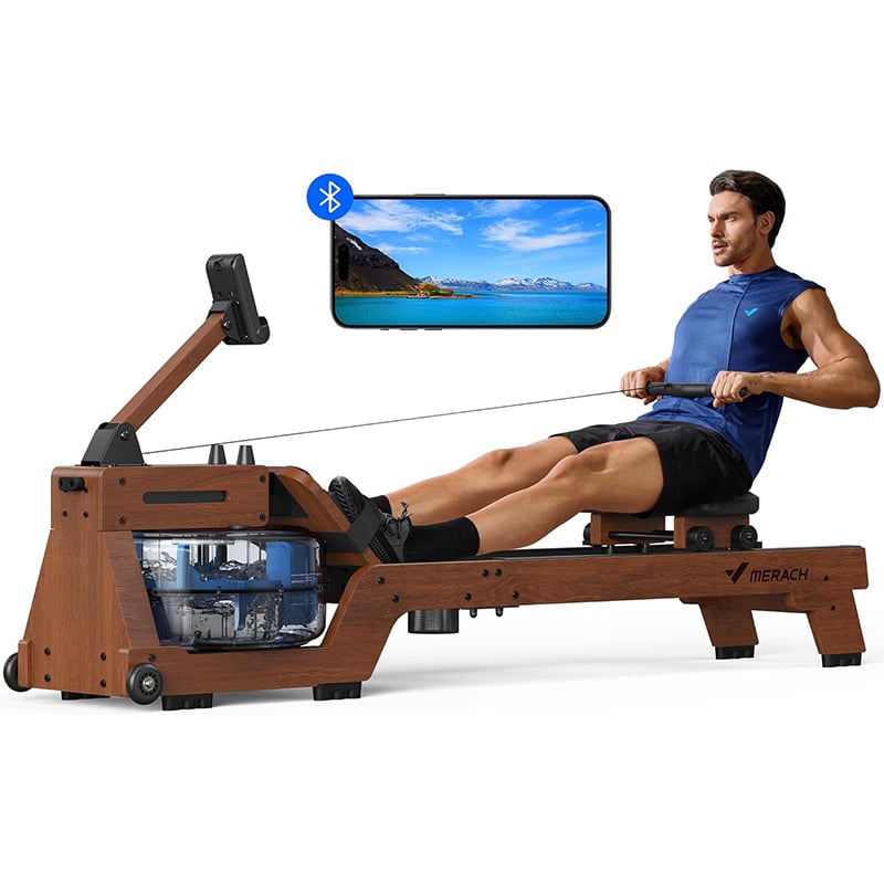 MERACH MERACH Wasser-Rudergerät aus Massivholz, Bluetooth-Monitor, Ergonomischer Sitz, 150kg Belastbar
