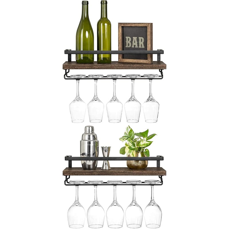 Mkono 1 Mkono Wandmontierte Weinregale 2er Set Holz Rustikale Weinflasche Glas Schwimmregale mit Stemware Aufhänger Moderne Weindisplay Aufbewahrungshalter für Küche Esszimmer Bar braun