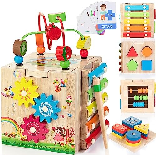 51CIByt9IsL._AC_.jpg Bravmate Holz Aktivitätswürfel - 8-in-1 Montessori-Spielzeug für Kleinkinder ab 18 Monaten