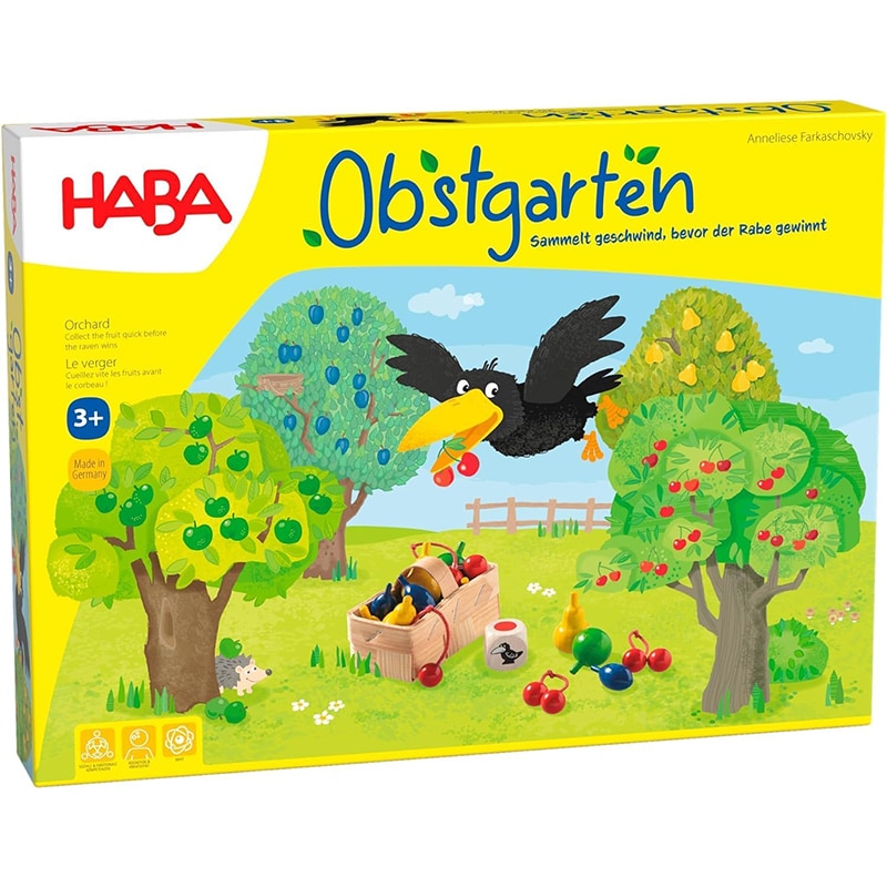 Haba 1 Haba 4170 - Obstgarten Spannendes Würfelspiel, mit 40 Früchten aus Holz und leicht verständlichen Spielregeln, beliebtes Brettspiel ab 3 Jahren