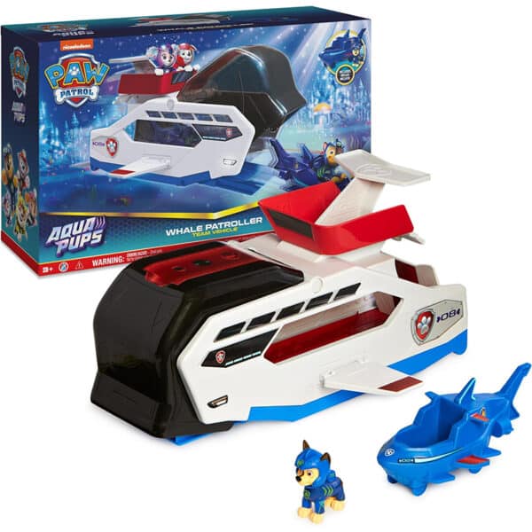 PAW PATROL, Aqua Pups – Whale Patroller, Teamfahrzeug mit Basis Fahrzeug von Chase und Welpenfigur, Abschussvorrichtung für Basis Fahrzeug, Spielzeug geeignet