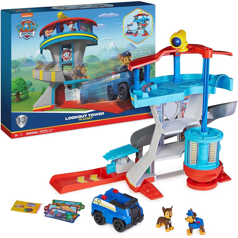 PAW Patrol1 PAW Patrol, Lookout Tower, Hauptquartier Spielset mit 1 Chase Basis Fahrzeug, 2 Chase Figuren und Zubehör