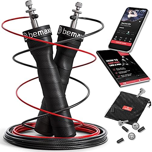 51HSuT3DYPS._AC_.jpg Springseil Speed Rope mit eBook & Ersatzkabel – Verstellbare Stahlseile, Profi Kugellager, Anti-Rutsch Griffe für Training & Workout