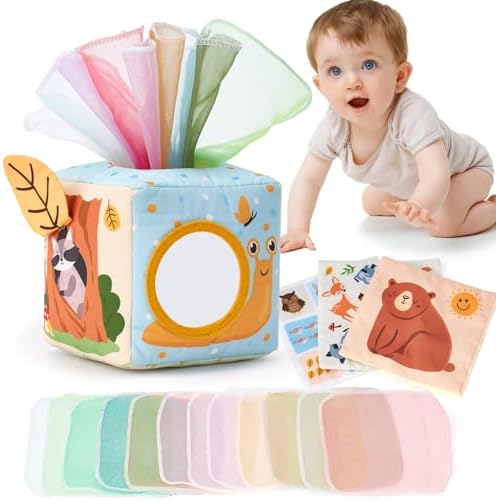 hahaland Montessori Spielzeug für Babys ab 6 Monaten – Sensorische Tissue Box mit Stofftüchern und Kontrastfarben für Lern- und Spielspass