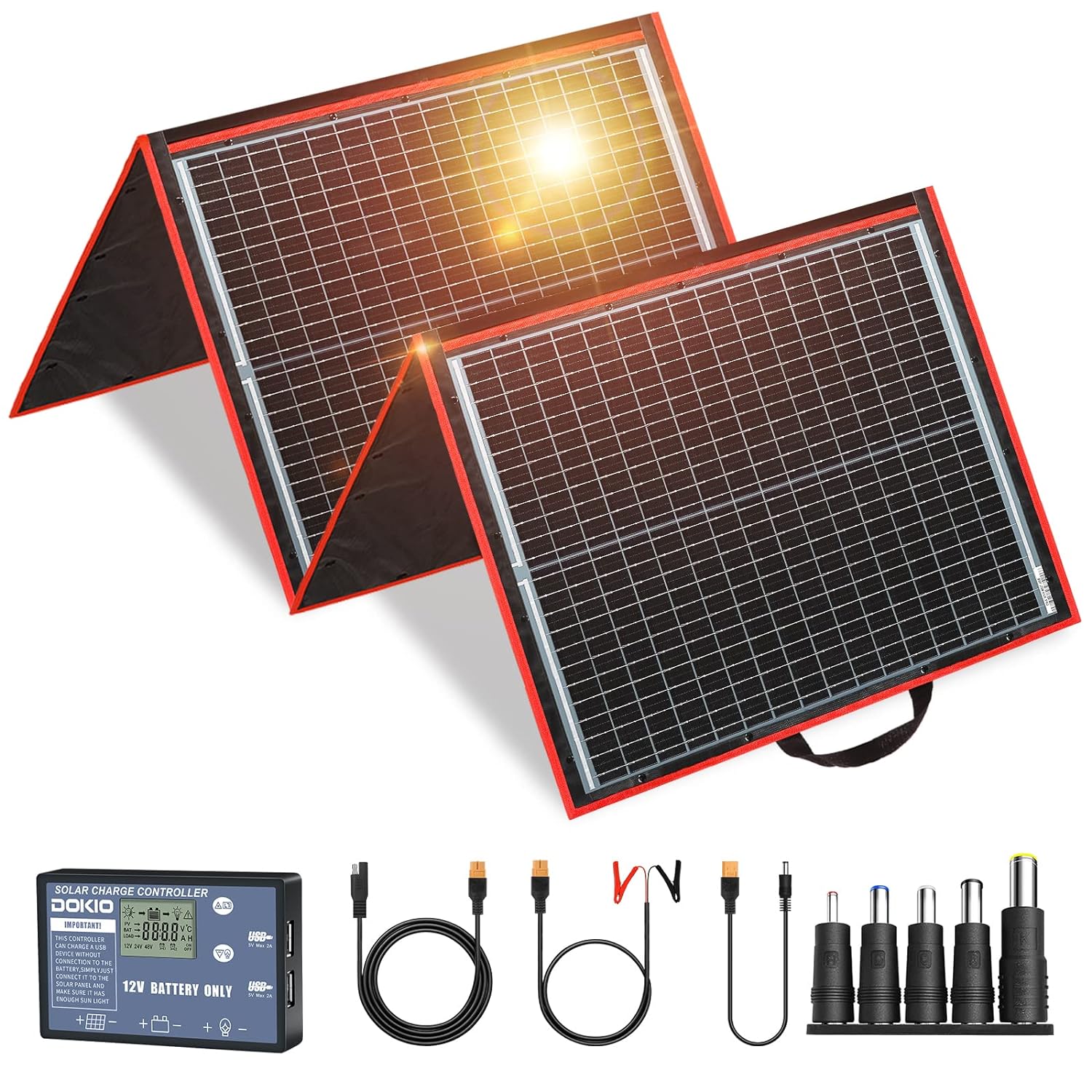 81fMckBwpLL._SL1500_.jpg DOKIO Tragbares Faltbares Solarpanel Set – Monokristallin, 100W-300W, mit Solarladeregler & USB-Anschlüssen