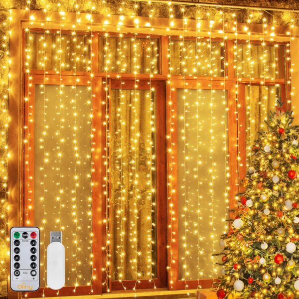 Ollny Lichtervorhang 3x3m, 300 LED, USB, Dimmbar, Fernbedienung, Timer für Fenster & Weihnachten (Warmweiß)