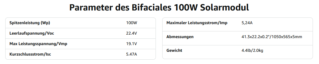 Parameter des Bifaciales 100W Solarmodul