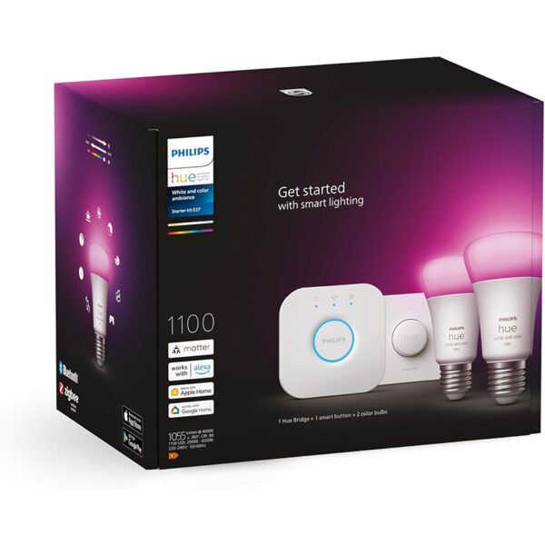 Philips Hue White & Color Ambiance Starter Set (2 E27 Lampen, Smart Button, Hue Bridge) – Stiftung Warentest Testsieger 01/2024, 16 Mio. Farben, Sprach- & App-Steuerung