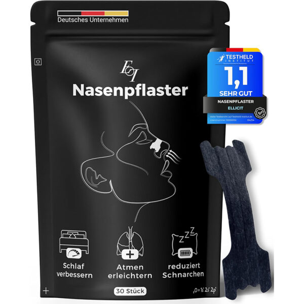 Ellicit® Nasenpflaster Schwarz, 30er Pack – Gegen Schnarchen, Bessere Atmung & Schlafqualität