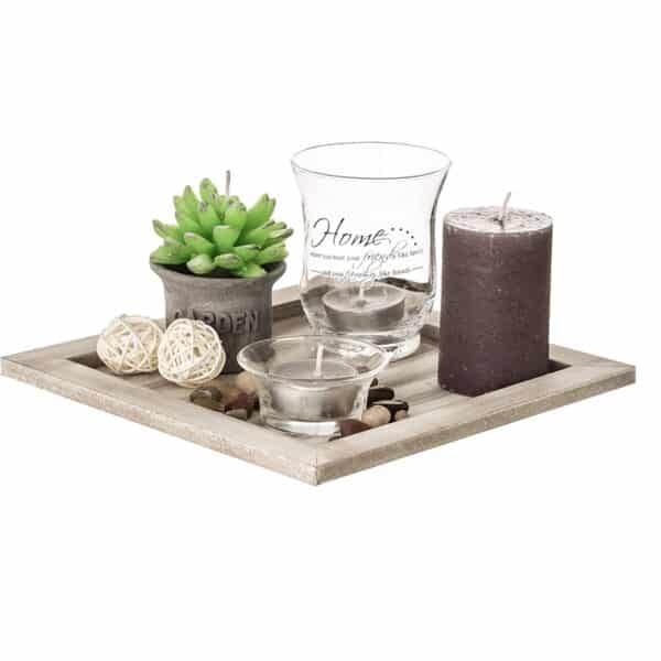 ootb Deko-Teelichtteller Set – Glas & Holz, 20×20×8 cm, Mehrfarbig