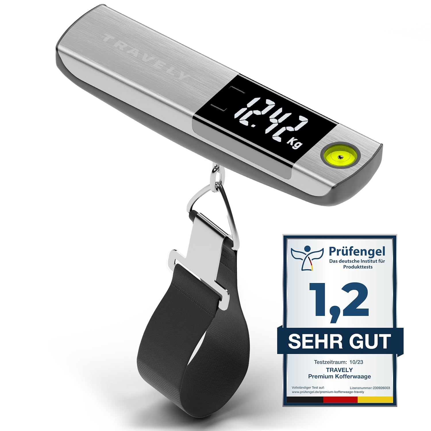 71PLiEqdoQL._SL1500_.jpg TRAVELY Kofferwaage 50 kg – Edelstahl, Massband & Wasserwaage integriert
