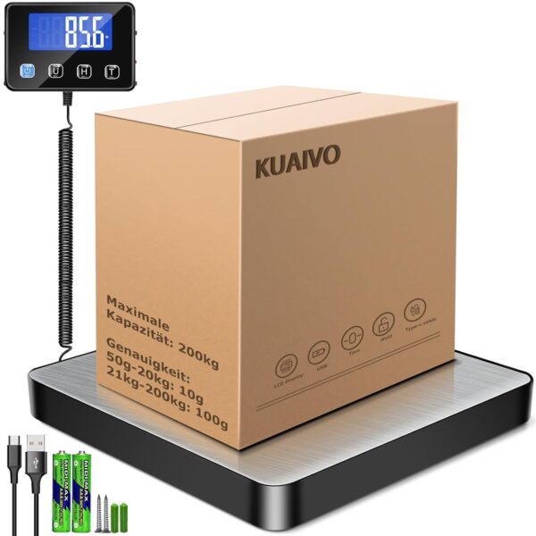 KUAIVO Paketwaage 200 kg – Präzise Plattformwaage mit LCD, Tara & Hold, aufladbar, aus Edelstahl