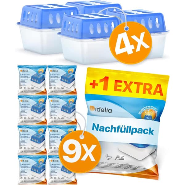 Idelia® Luftentfeuchter & Nachfüllpacks – Sets für Räume bis 40 m²
