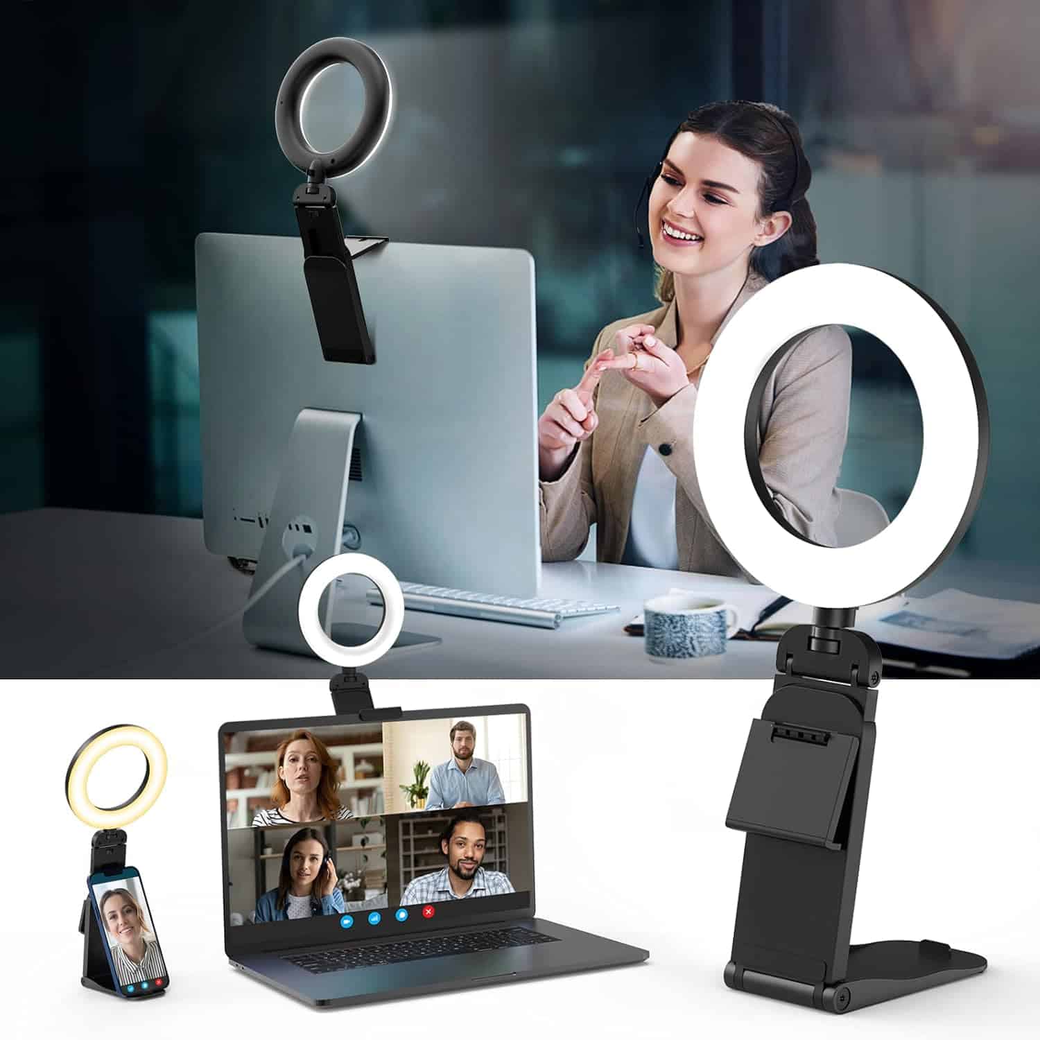 Evershop 5" Ringlicht für Laptop & PC Evershop 5" Ringlicht für Laptop & PC – 3 Lichtfarben, 10 Helligkeiten, 360° drehbar inkl. Stativ & Handyhalter