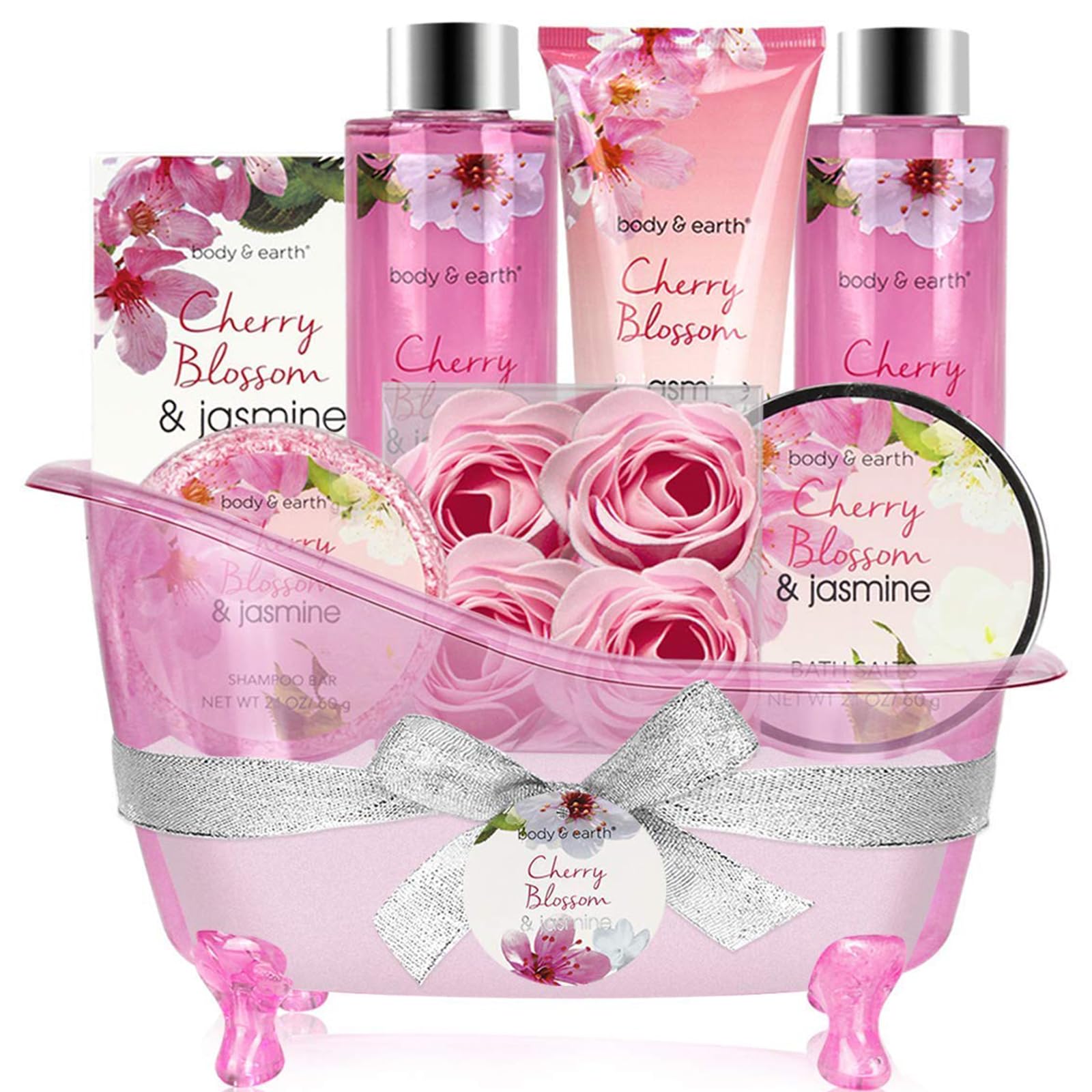 711OKydRF3L._SY1600_.jpg BODY & EARTH 8-teiliges Spa Geschenkset mit Kirschblüten & Jasmin – Wellness für Frauen – Bild 1
