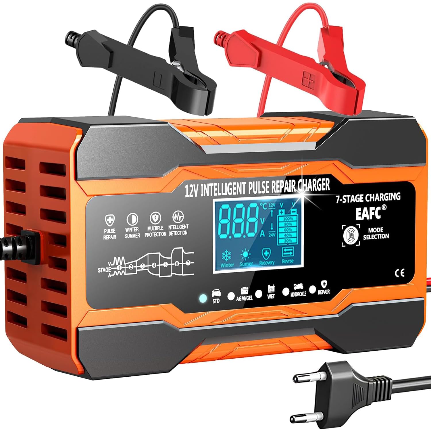 715fdvcerQL._SY1500_.jpg EAFC 12A KFZ Batterieladegerät 12V – Vollautomatisches Intelligentes Erhaltungsladegerät mit LCD – Bild 1