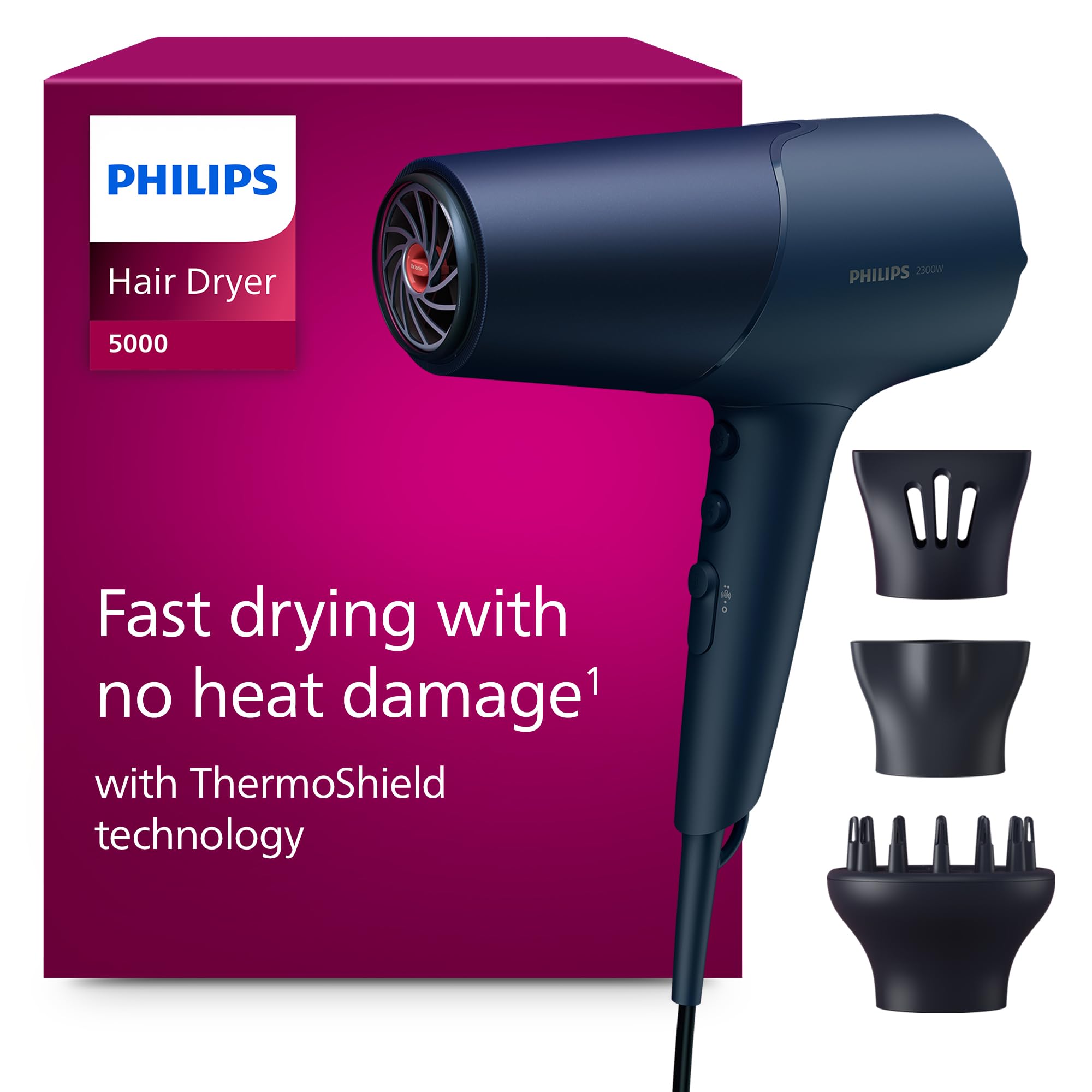716FbgBbcVL._SY2000_.jpg Philips Haartrockner 5000 Series mit ThermoShield & Ionisierung, 2.300 W – Schnelles Trocknen & Haarschutz, BHD510/20 – Bild 1