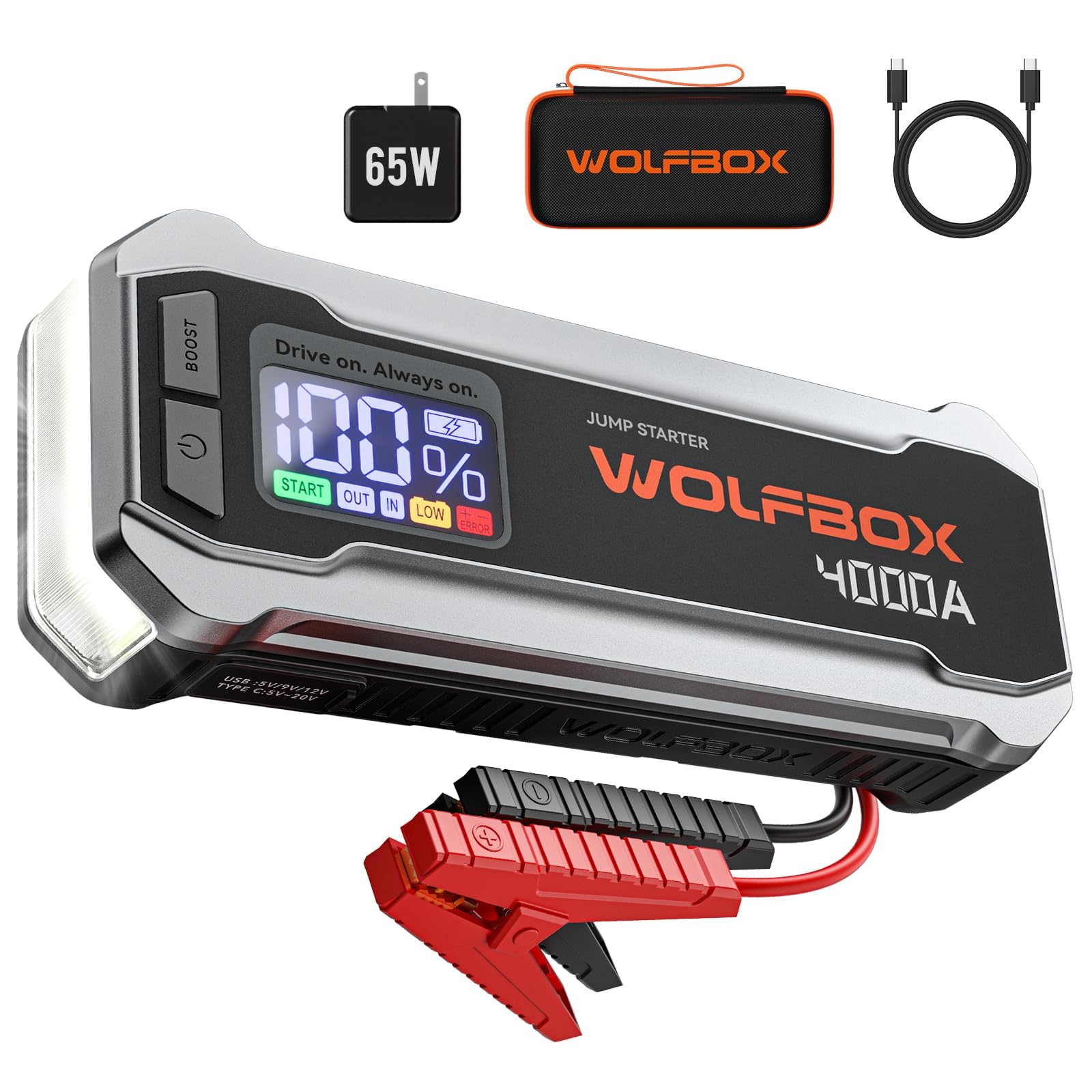 71AXBYZ3D0L._SY1600_.jpg WOLFBOX 4000A Starthilfe Powerbank 88.8Wh – Autobatterie Booster mit USB-C Schnellladung für PKW, SUV, LKW – Bild 1