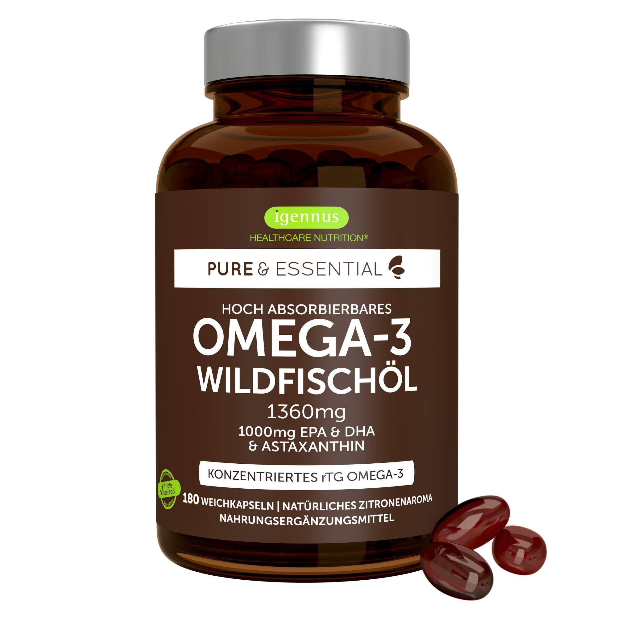 71L7kcnuL._SY2000_.jpg Igennus Omega-3 Wildfischöl 1360mg mit Astaxanthin – 1000mg EPA & DHA in rTG-Form – Bild 1
