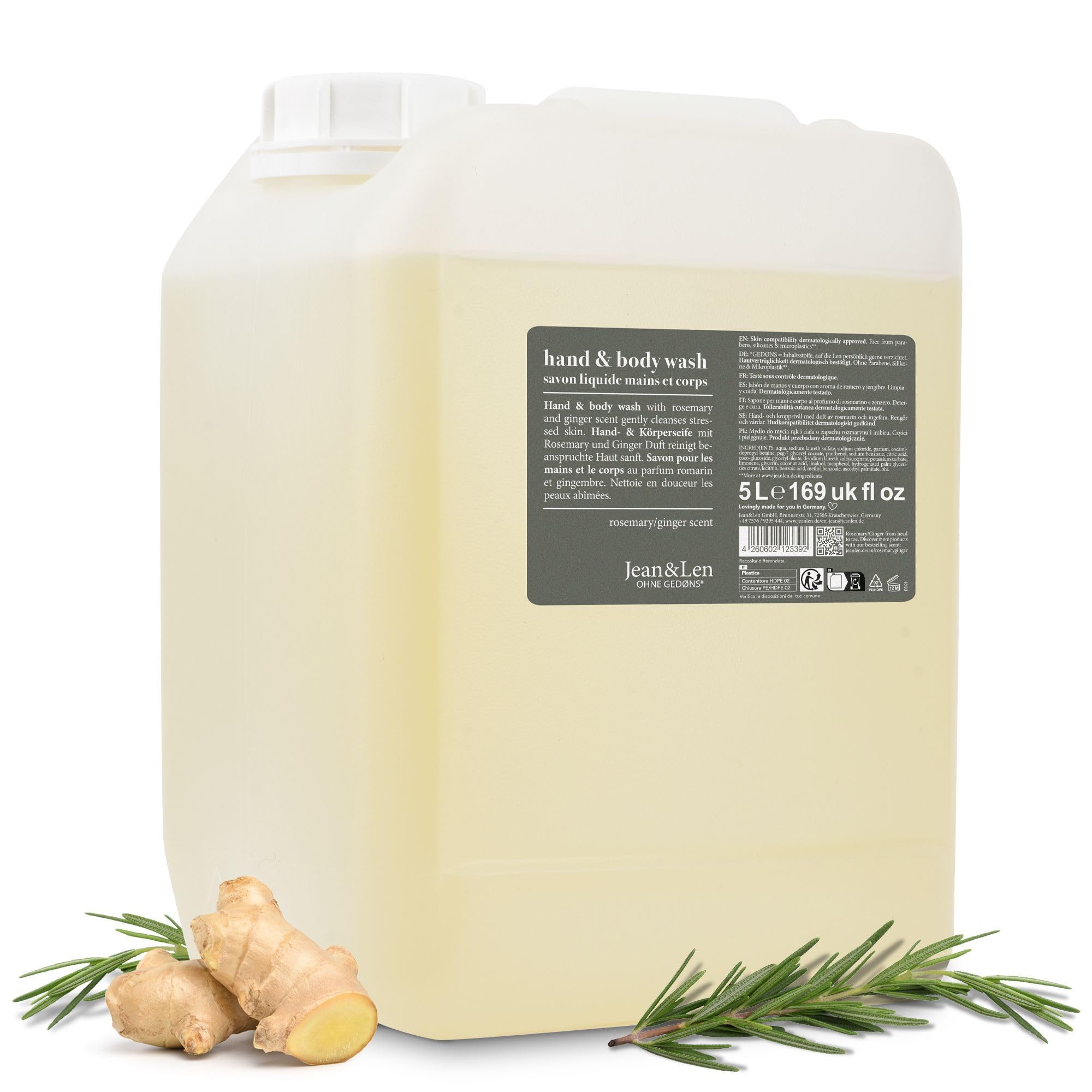 71MPgR0E57L._SY2000_.jpg Jean & Len Hand & Body Wash Rosemary & Ginger – 5L Nachfüllkanister – Bild 1