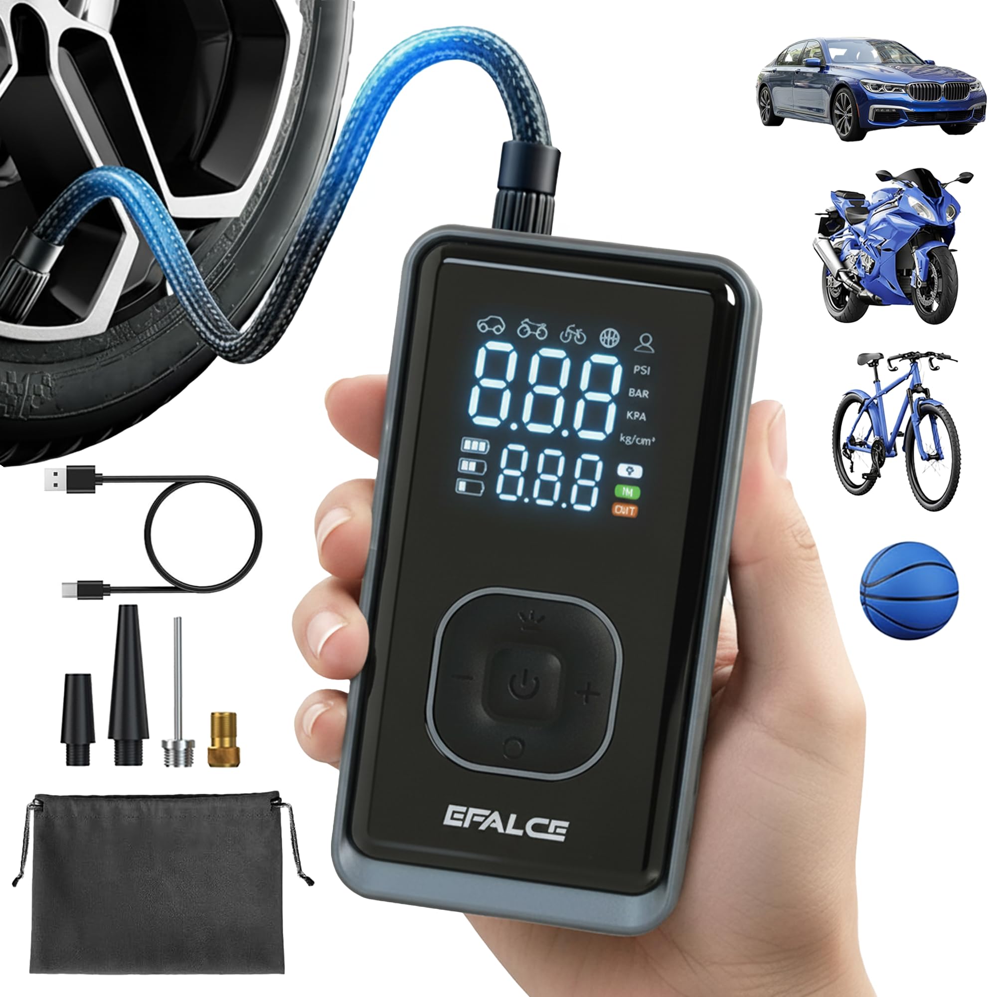 71MhGhadefL._SY2000_.jpg efalce Akku Luftkompressor 150PSI – Wiederaufladbar mit TrueGauge für Auto & Fahrrad – Bild 1